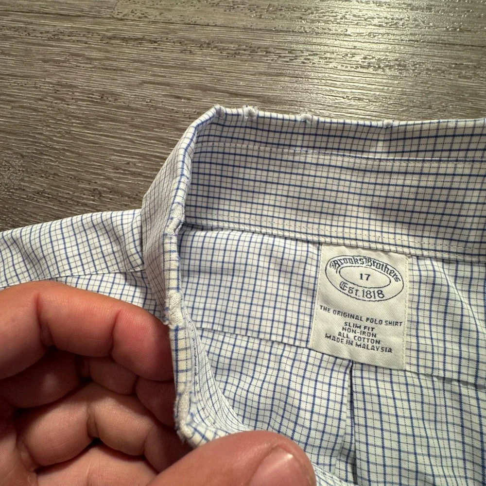 Vintage Brooks Brothers Shirt Mens 17 Blue White Check Cotton Slim Fit Non Iron